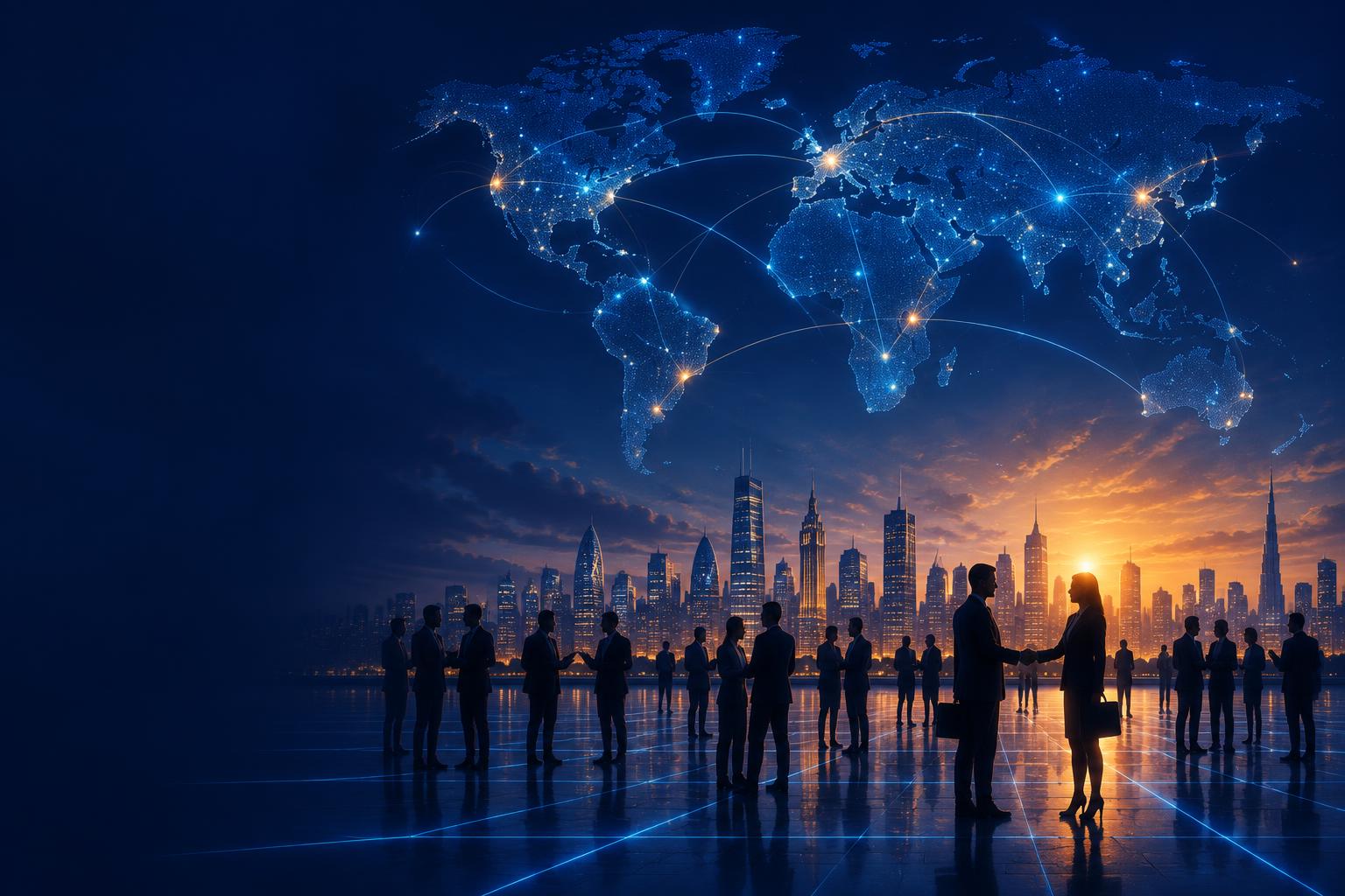 People connecting beneath a glowing world map and city skyline